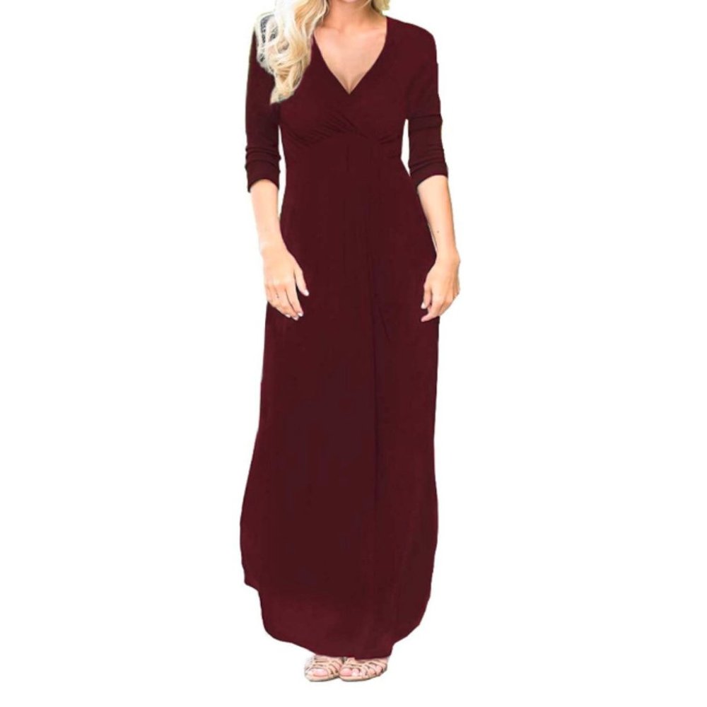 Red Long Sleeve Maxi Dress Pockets wrap front